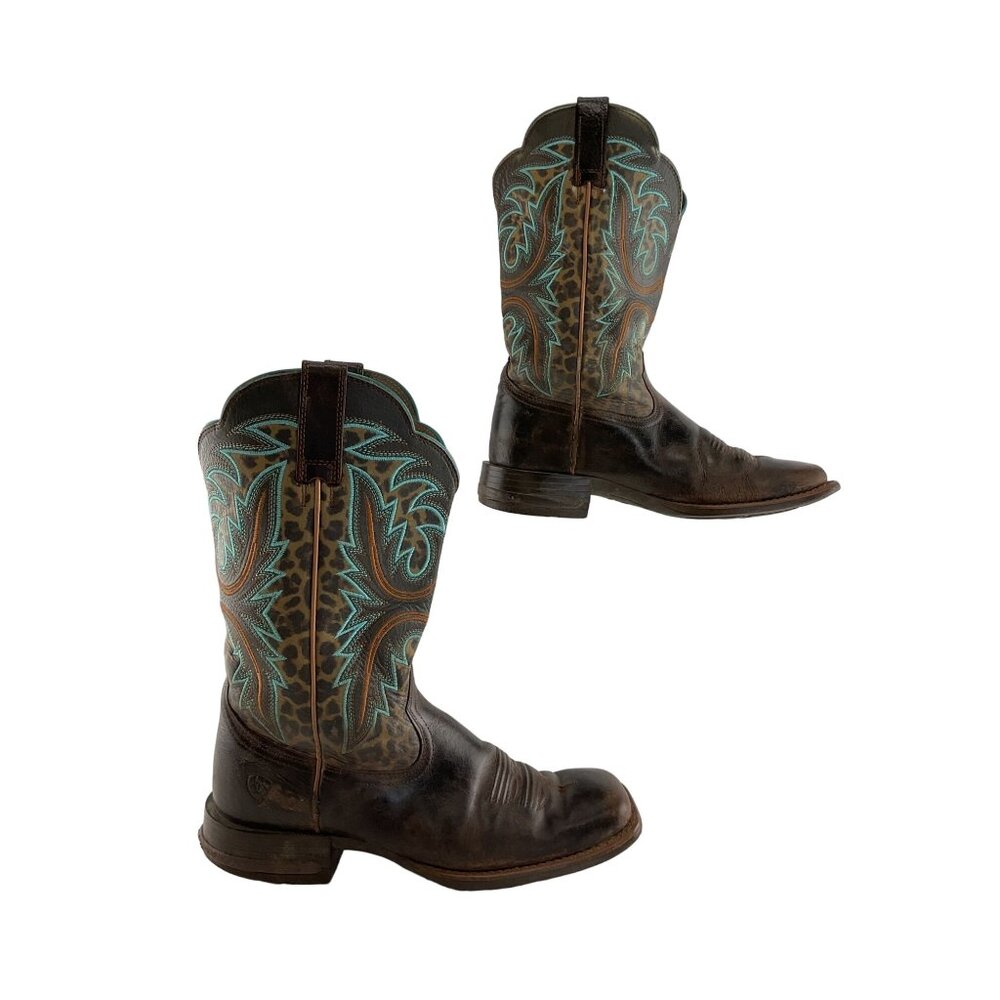 Ladies Ariat Brown Leather Teal Embroidered Cheetah Western Boots Size 8.5 B